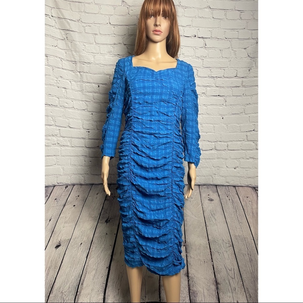 NWT Zara Textured Blue Anne Dress Stretch Fitted Long Sleeve Size L